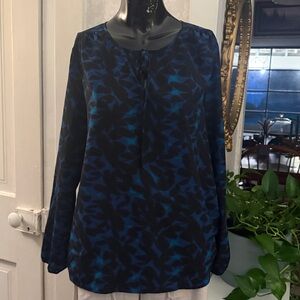 J Crew Factory Washable Black Blue Floral Print Tie Neck Tunic Blouse Small